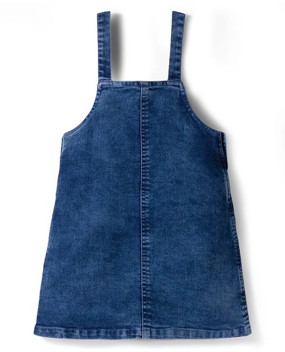 Babyhug Woven Denim Frock & Half Sleeves Inner Tee With Floral Print & Embroidery - Blue