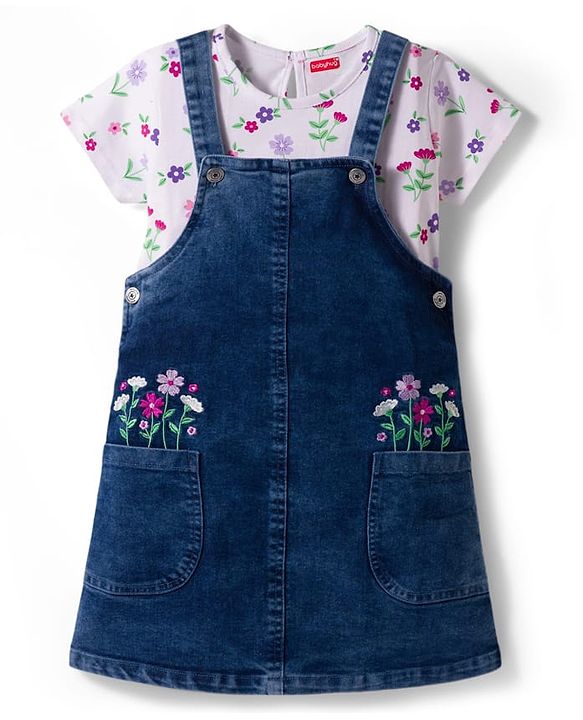 Babyhug Woven Denim Frock & Half Sleeves Inner Tee With Floral Print & Embroidery - Blue