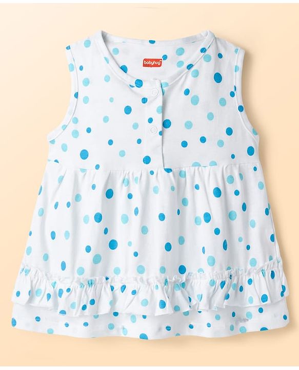 Babyhug Single Jersey Knit Sleeveless Top & Leggings Set With Polka Dot Print - White & Blue