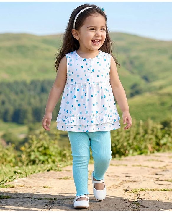 Babyhug Single Jersey Knit Sleeveless Top & Leggings Set With Polka Dot Print - White & Blue