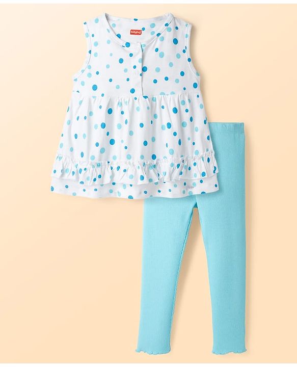 Babyhug Single Jersey Knit Sleeveless Top & Leggings Set With Polka Dot Print - White & Blue