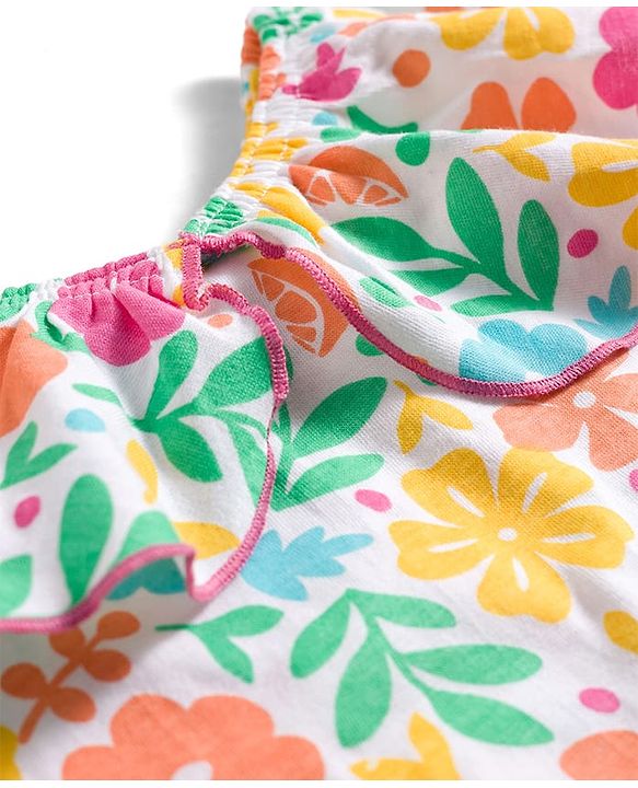 Babyhug Single Jersey Knit Frill Sleeves Top & Shorts Set with Floral Print & Bow Applique - Pink