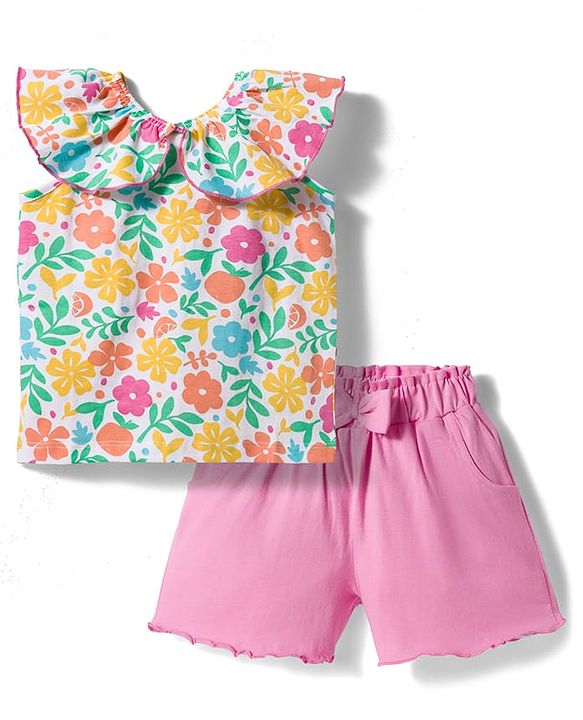 Babyhug Single Jersey Knit Frill Sleeves Top & Shorts Set with Floral Print & Bow Applique - Pink