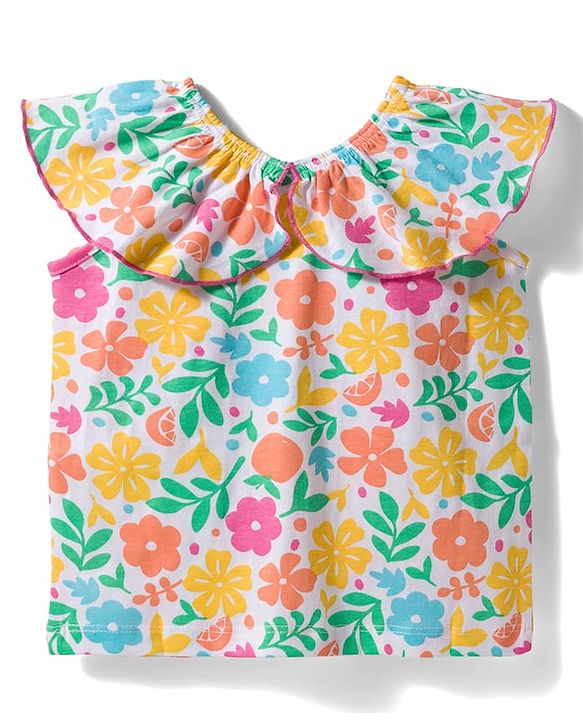 Babyhug Single Jersey Knit Frill Sleeves Top & Shorts Set with Floral Print & Bow Applique - Pink