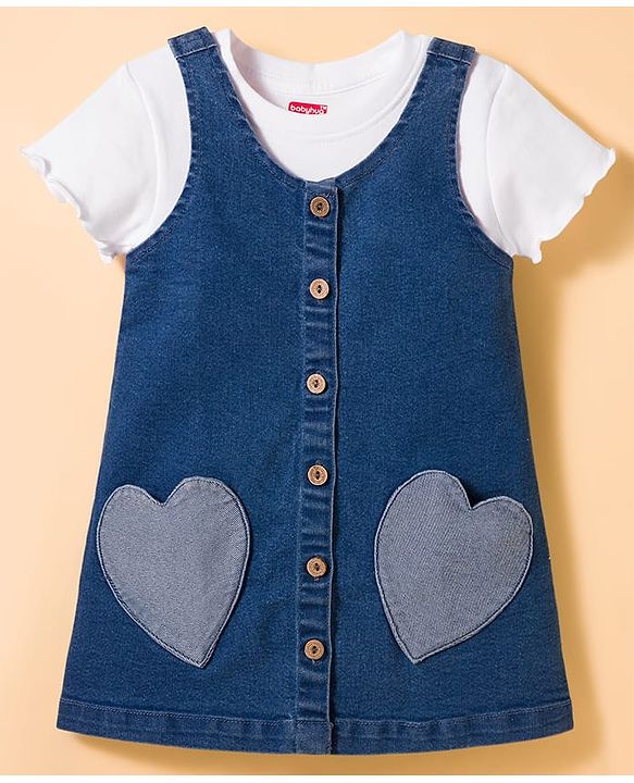 Babyhug Woven Denim Frock & Half Sleeves Inner Tee With Heart Patch - Blue