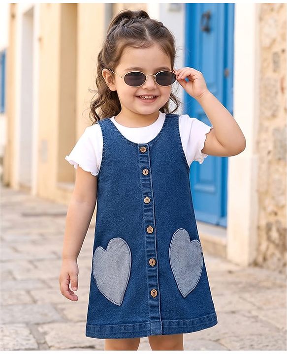 Babyhug Woven Denim Frock & Half Sleeves Inner Tee With Heart Patch - Blue