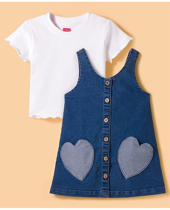 Babyhug Woven Denim Frock & Half Sleeves Inner Tee With Heart Patch - Blue