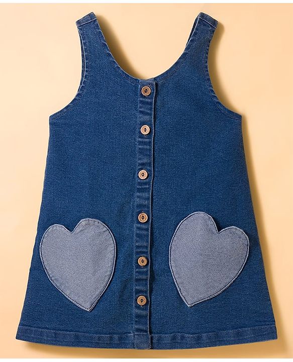 Babyhug Woven Denim Frock & Half Sleeves Inner Tee With Heart Patch - Blue