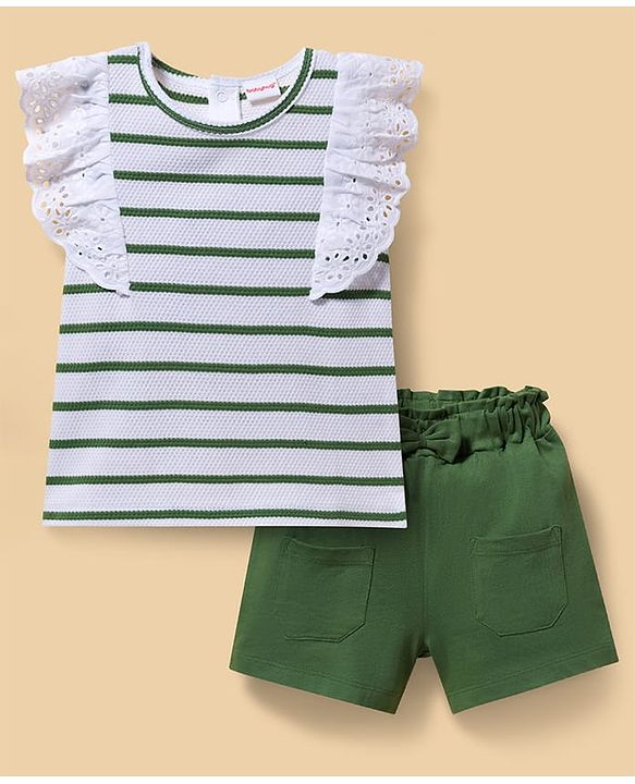 Babyhug Popcorn Knit Sleeveless Striped Top & Shorts Set - Green & White