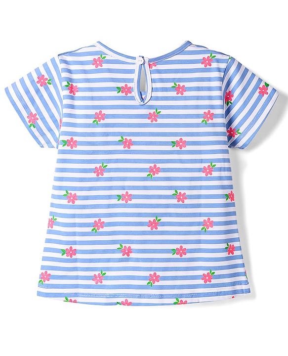 Babyhug Denim Woven Frock & Half Sleeves Inner Tee With Floral Print & Embroidery - Blue