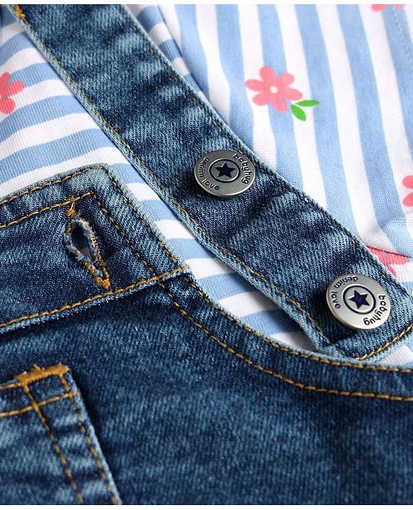 Babyhug Denim Woven Frock & Half Sleeves Inner Tee With Floral Print & Embroidery - Blue