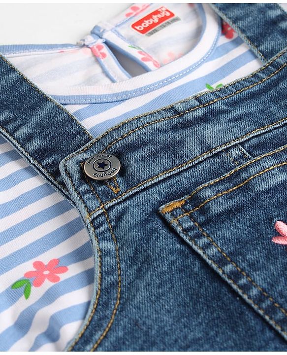 Babyhug Denim Woven Frock & Half Sleeves Inner Tee With Floral Print & Embroidery - Blue