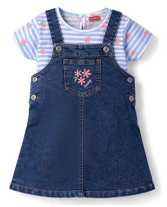 Babyhug Denim Woven Frock & Half Sleeves Inner Tee With Floral Print & Embroidery - Blue