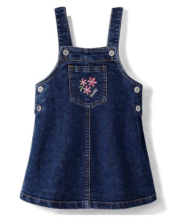 Babyhug Denim Woven Frock & Half Sleeves Inner Tee With Floral Print & Embroidery - Blue
