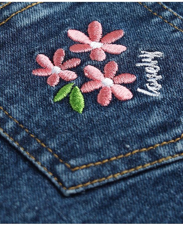 Babyhug Denim Woven Frock & Half Sleeves Inner Tee With Floral Print & Embroidery - Blue