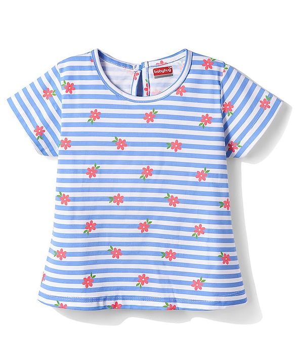 Babyhug Denim Woven Frock & Half Sleeves Inner Tee With Floral Print & Embroidery - Blue