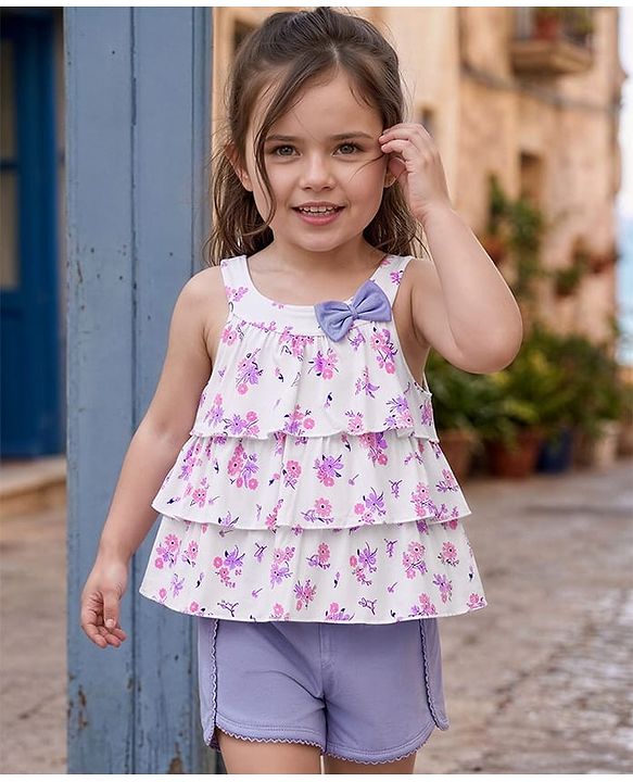 Babyhug Single Jersey Knit Sleeveless Top & Shorts Set With Floral Print - Multicolor