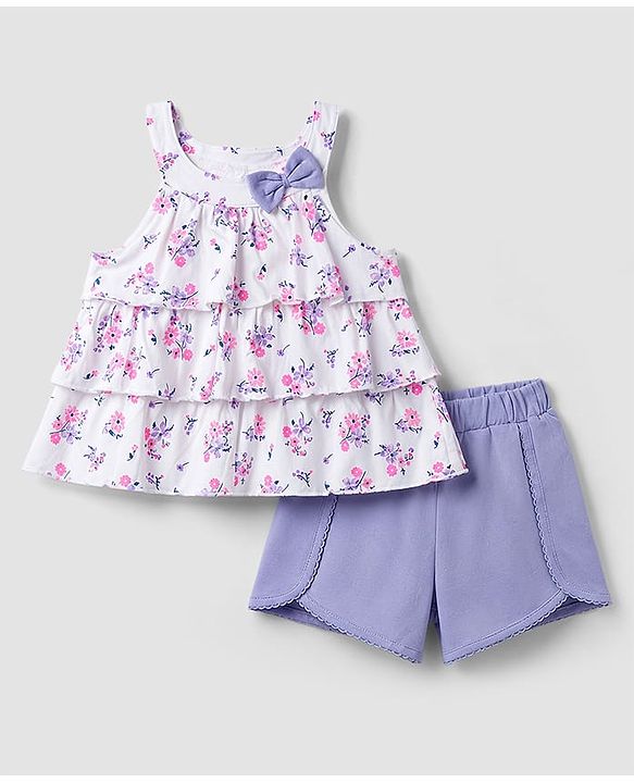 Babyhug Single Jersey Knit Sleeveless Top & Shorts Set With Floral Print - Multicolor
