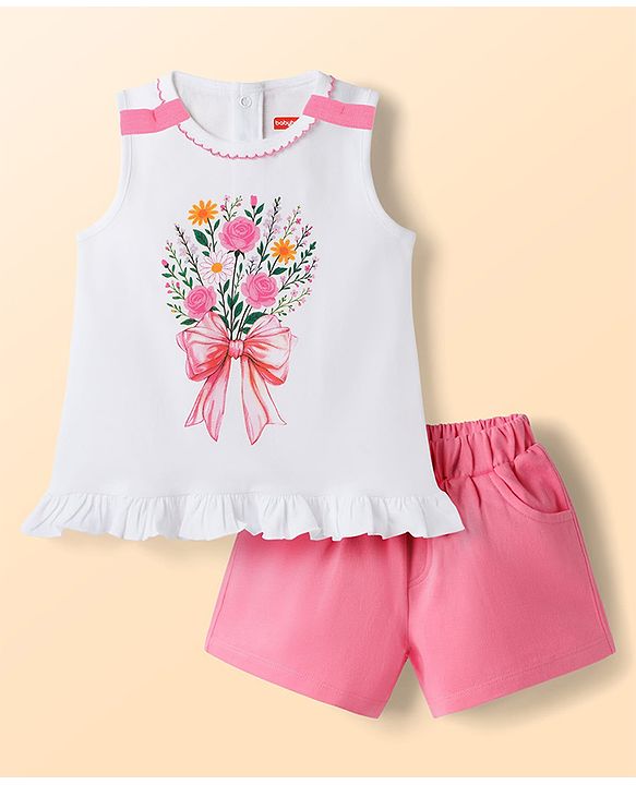 Babyhug Single Jersey Knit Sleeveless Top & Shorts Set With Floral Print - Multicolor