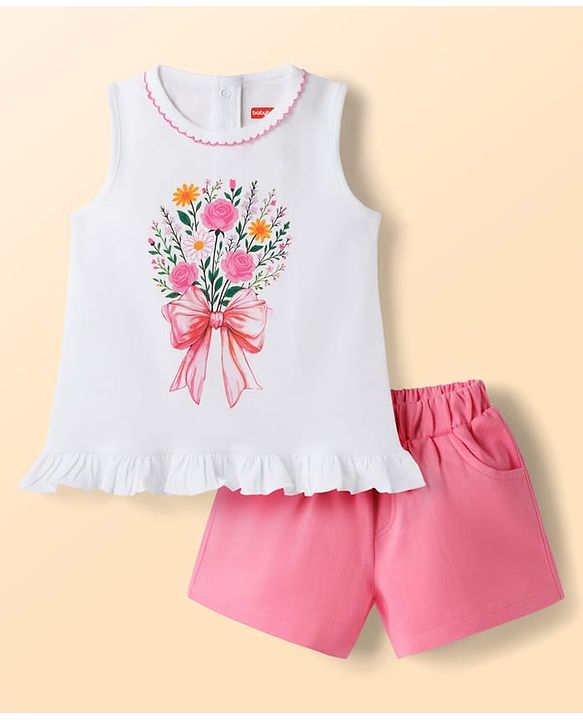 Babyhug Single Jersey Knit Sleeveless Top & Shorts Set With Floral Print - Multicolor