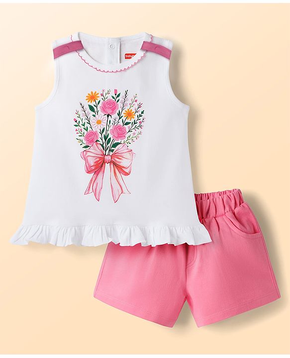 Babyhug Single Jersey Knit Sleeveless Top & Shorts Set With Floral Print - Multicolor