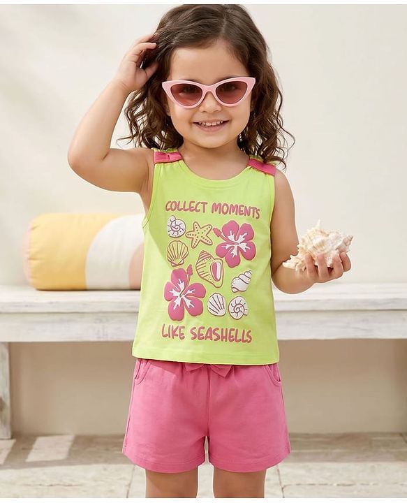 Babyhug Single Jersey Knit Sleeveless Top & Shorts Set with Seashell Print - Lime Green & Pink