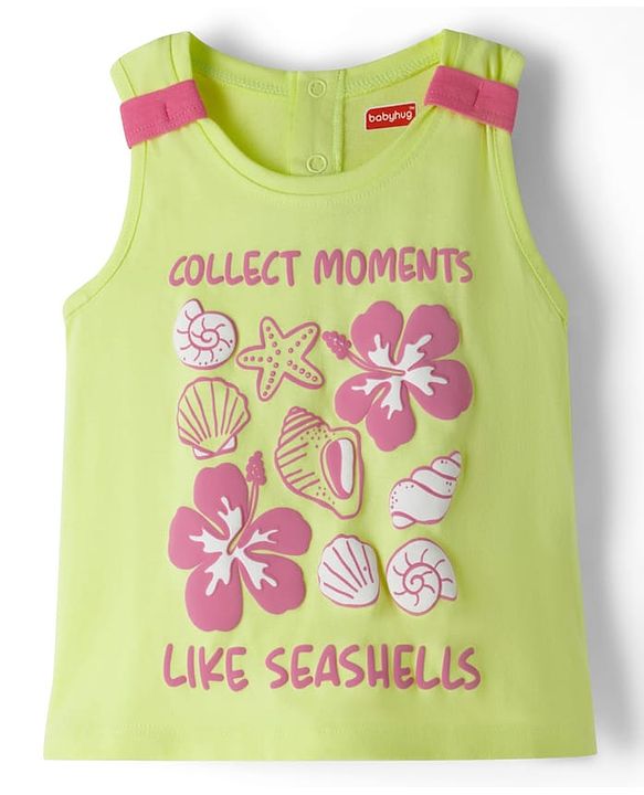 Babyhug Single Jersey Knit Sleeveless Top & Shorts Set with Seashell Print - Lime Green & Pink