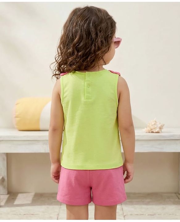 Babyhug Single Jersey Knit Sleeveless Top & Shorts Set with Seashell Print - Lime Green & Pink
