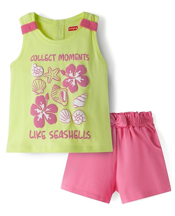 Babyhug Single Jersey Knit Sleeveless Top & Shorts Set with Seashell Print - Lime Green & Pink