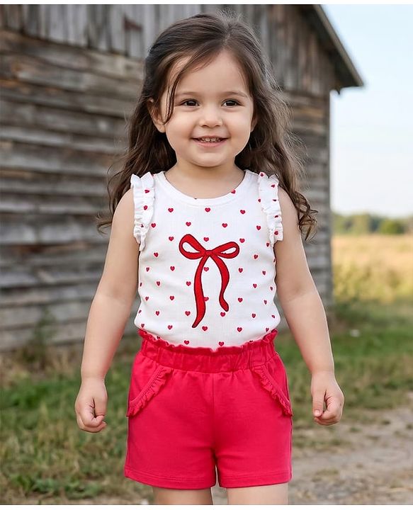 Babyhug Cotton Knit Sleeveless Hearts Printed & Bow Embroidered Top & Shorts Set - White & Red
