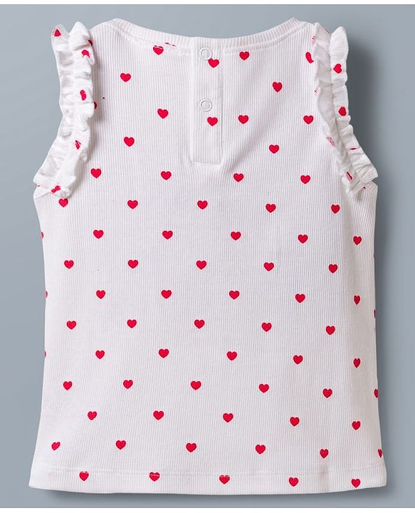 Babyhug Cotton Knit Sleeveless Hearts Printed & Bow Embroidered Top & Shorts Set - White & Red