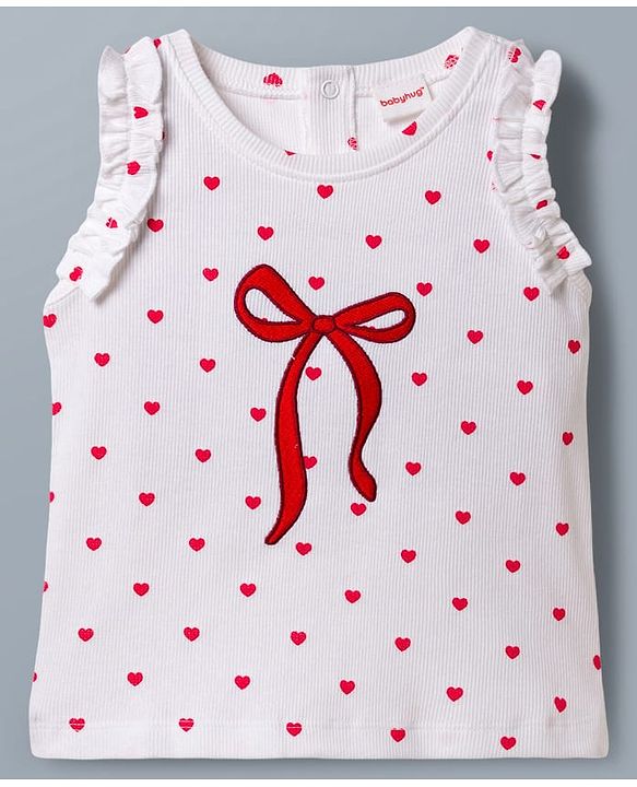 Babyhug Cotton Knit Sleeveless Hearts Printed & Bow Embroidered Top & Shorts Set - White & Red