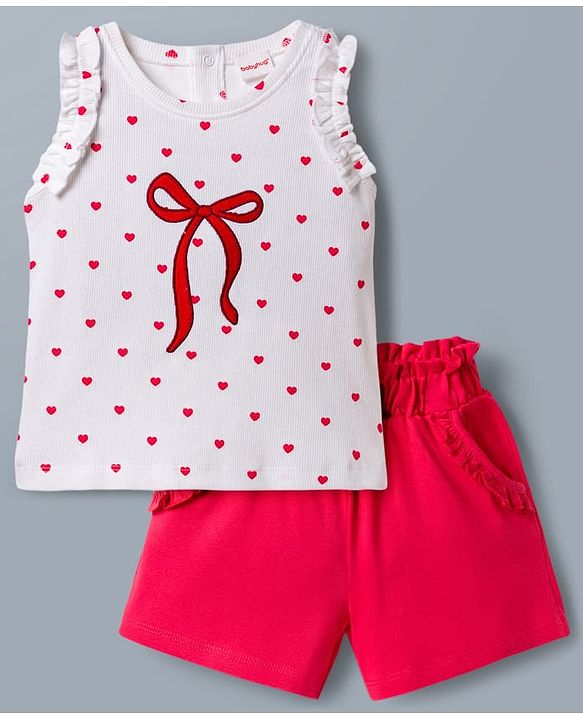 Babyhug Cotton Knit Sleeveless Hearts Printed & Bow Embroidered Top & Shorts Set - White & Red