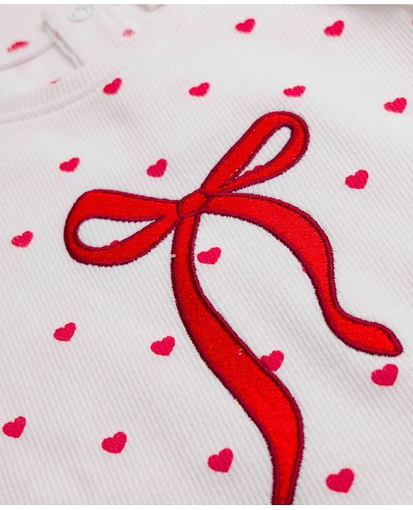 Babyhug Cotton Knit Sleeveless Hearts Printed & Bow Embroidered Top & Shorts Set - White & Red