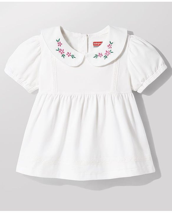 Babyhug Single Jersey Knit Half Sleeves Top & Leggings Set with Floral Print & Embroidery - White & Pink
