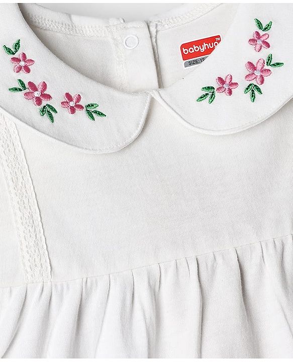 Babyhug Single Jersey Knit Half Sleeves Top & Leggings Set with Floral Print & Embroidery - White & Pink