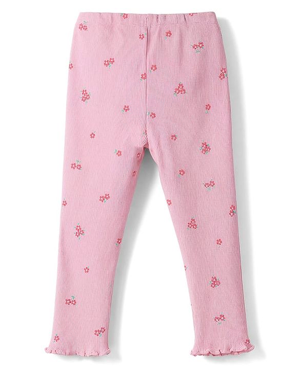 Babyhug Single Jersey Knit Half Sleeves Top & Leggings Set with Floral Print & Embroidery - White & Pink
