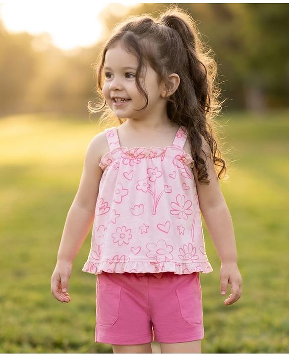Babyhug Single Jersey Knit Sleeveless Top & Shorts Set with Floral Print & Bow Applique - Pink