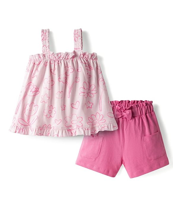 Babyhug Single Jersey Knit Sleeveless Top & Shorts Set with Floral Print & Bow Applique - Pink