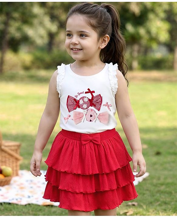 Babyhug Single Jersey Knit Sleeveless Top & Layered Skirt Set with Bow Applique - Red & White