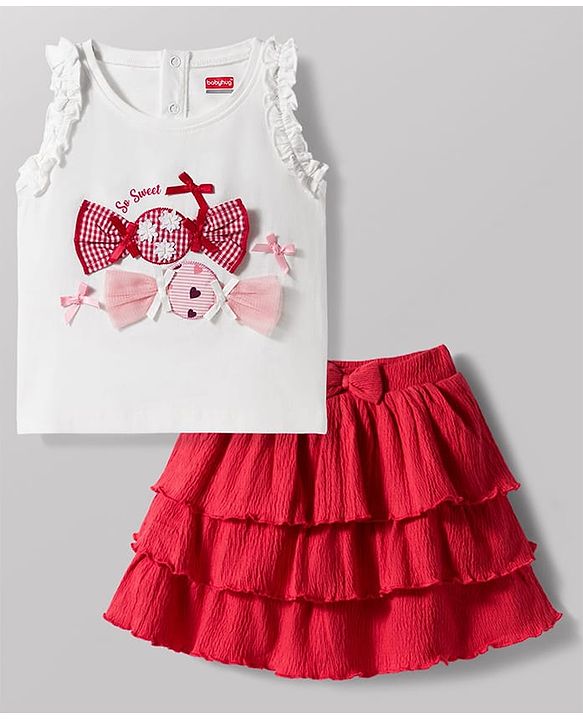 Babyhug Single Jersey Knit Sleeveless Top & Layered Skirt Set with Bow Applique - Red & White
