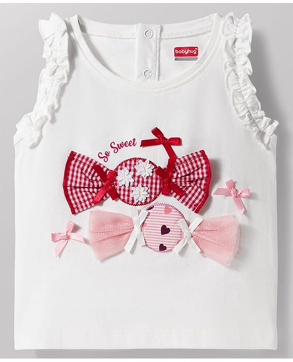 Babyhug Single Jersey Knit Sleeveless Top & Layered Skirt Set with Bow Applique - Red & White