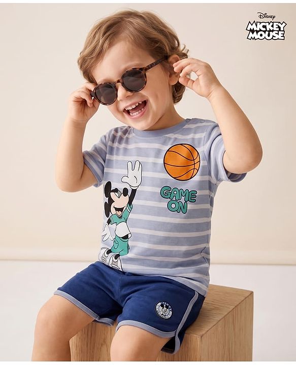 Babyhug Disney Single Jersey Knit Half Sleeves T-Shirt & Shorts Set with Mickey Mouse Graphics - Light Grey