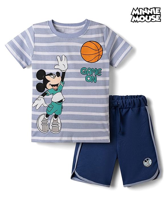 Babyhug Disney Single Jersey Knit Half Sleeves T-Shirt & Shorts Set with Mickey Mouse Graphics - Light Grey