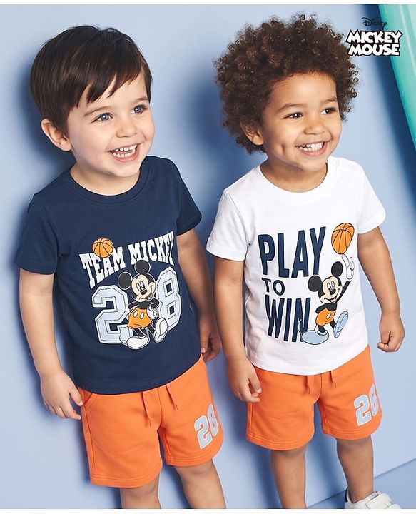 Babyhug Disney Single Jersey Knit Half Sleeves T-Shirts & Shorts Set with Mickey Mouse Graphics - Orange White & Navy Blue