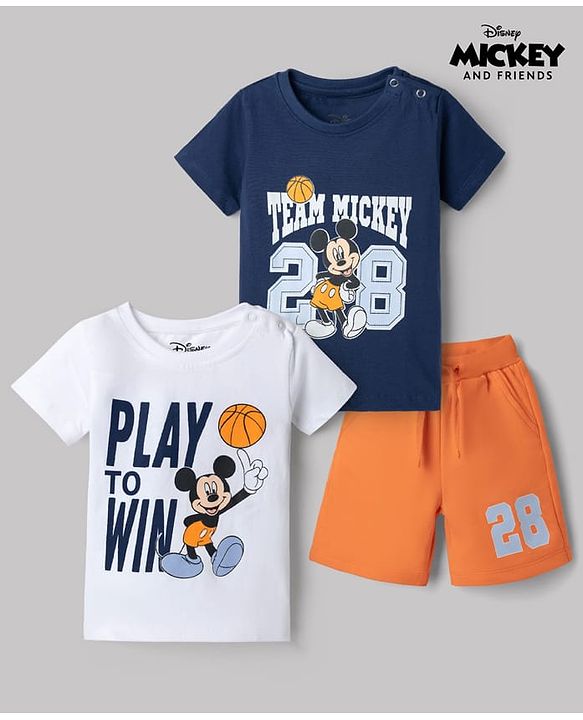 Babyhug Disney Single Jersey Knit Half Sleeves T-Shirts & Shorts Set with Mickey Mouse Graphics - Orange White & Navy Blue