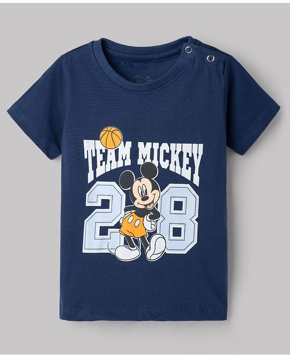 Babyhug Disney Single Jersey Knit Half Sleeves T-Shirts & Shorts Set with Mickey Mouse Graphics - Orange White & Navy Blue