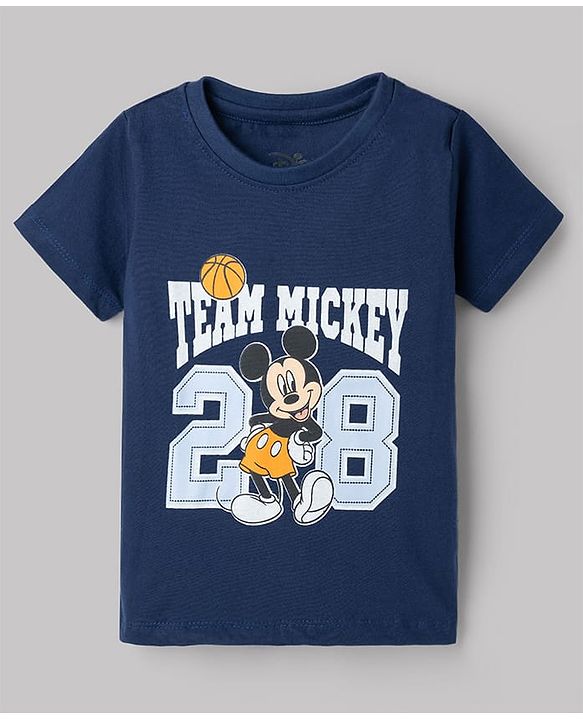 Babyhug Disney Single Jersey Knit Half Sleeves T-Shirts & Shorts Set with Mickey Mouse Graphics - Orange White & Navy Blue