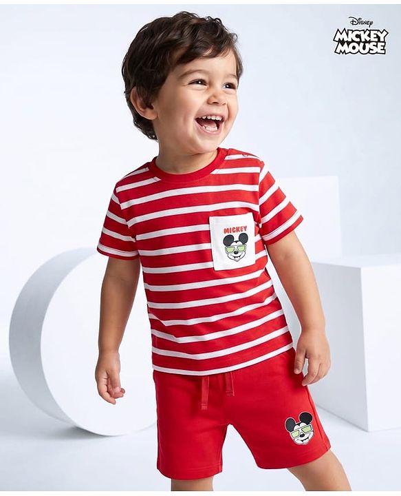 Babyhug Disney Single Jersey Knit Half Sleeves T-Shirt & Shorts Set with Mickey Mouse Graphics - Red