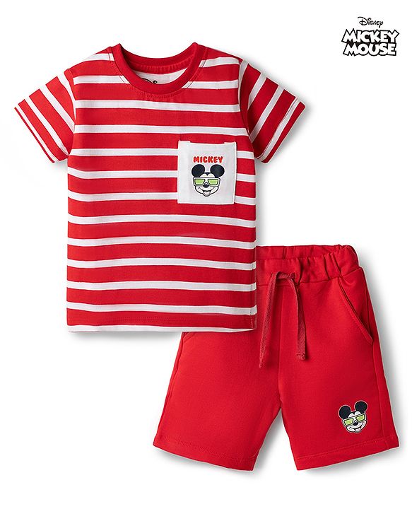 Babyhug Disney Single Jersey Knit Half Sleeves T-Shirt & Shorts Set with Mickey Mouse Graphics - Red